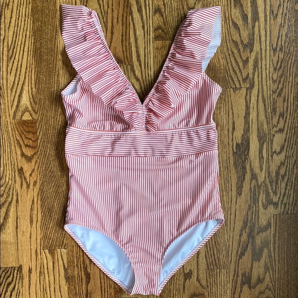 Red-Orange and white stripe OCEANE
RETRO ONE-PIECE BY AAVA, size L. NWOT. - Picture 1 of 11